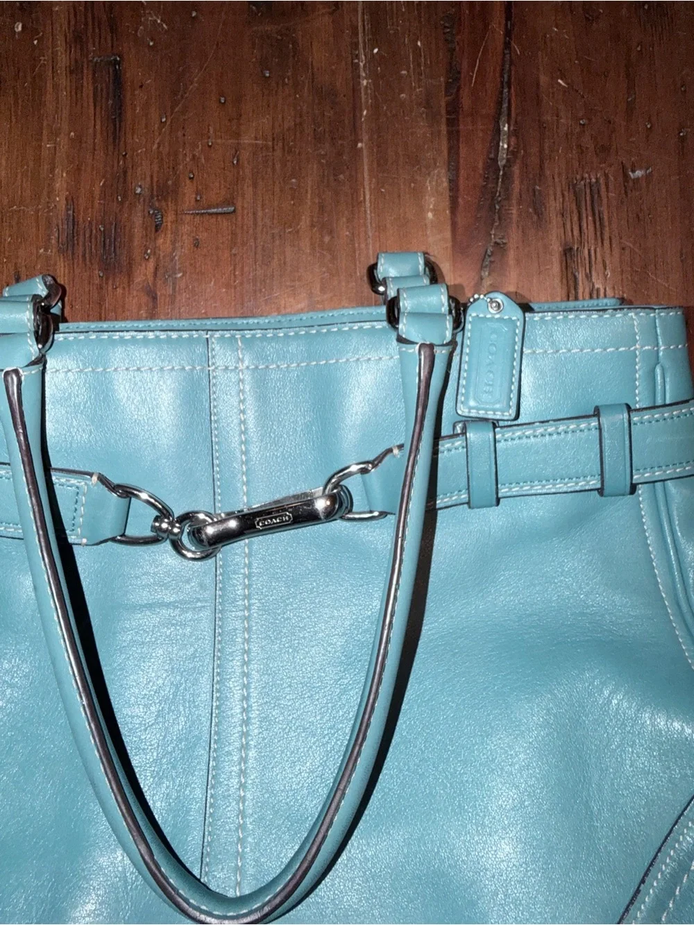Women’s Light Blue Leather Tote Bag with Horsebit Accent